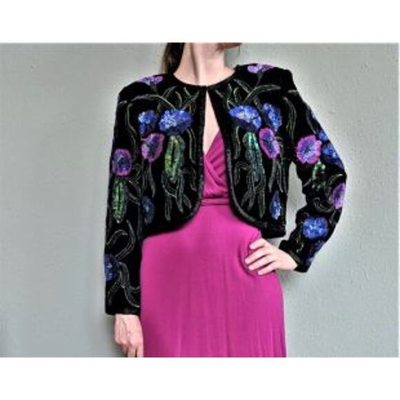 Nipon Night Blazer Sequin Velvet Jacket Women's Size Large Black Pink - Picture 1 of 6